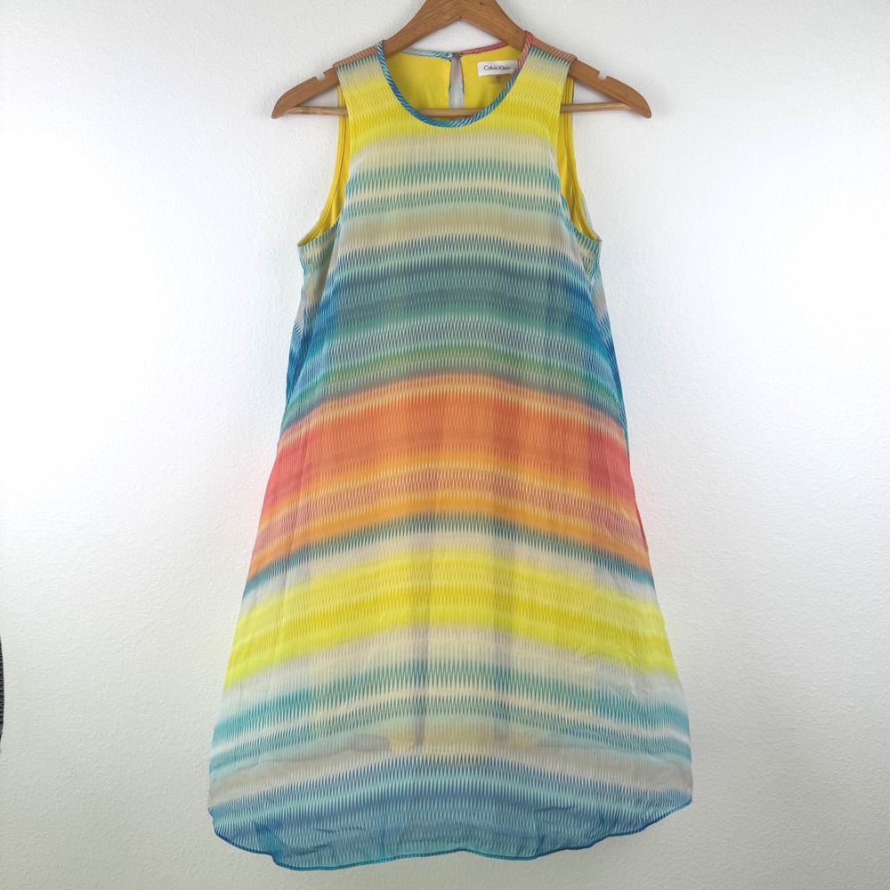 Calvin Klein Shift Dress Women 8 Multicolor Excellent Rainbow Ombre Chevron Chic